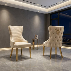Set of 2 Mink Victoria Dining Chairs with Ring Knocker & Gold Legs