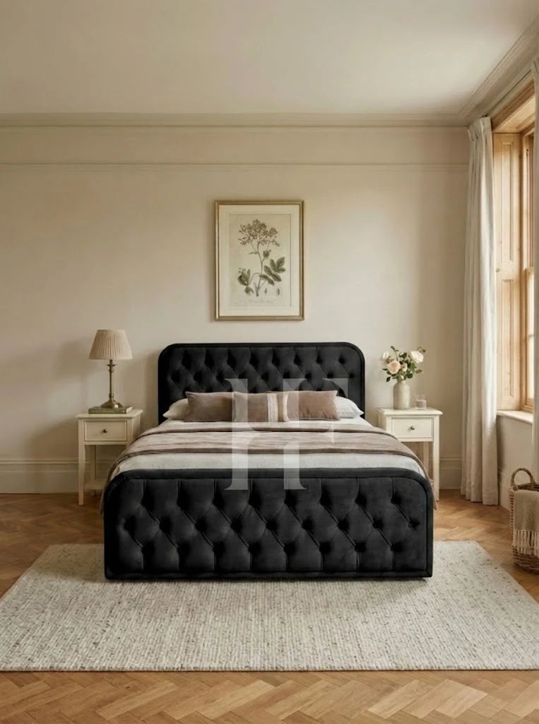 Luxury Velvet Rounded Diamond Tufted Upholstered Bed Frame