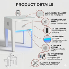 Smart White Glass LED Bedside Table - Wireless Charging & Speaker