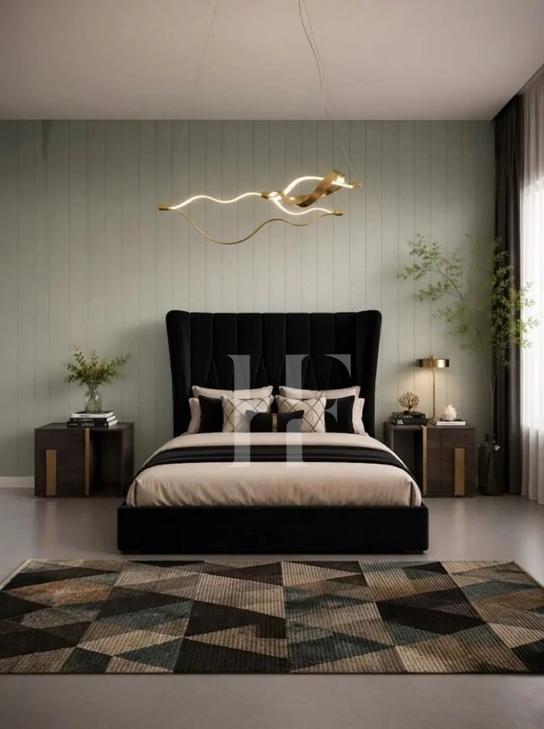 Modern Luxury Flared Wingback Bed Frame with Tapered Vertical Channeling