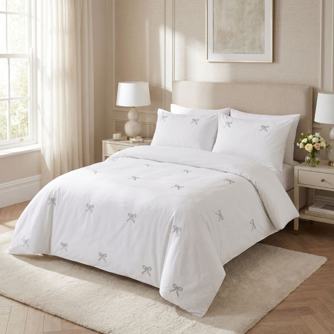 Gaveno Cavailia Silver Bow Embroidered King Duvet Cover Bedding Set