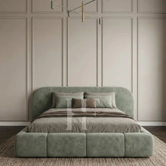 Modern Curved Extended Headboard Block Base Upholstered Bed Frame