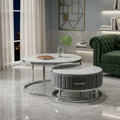 Melrose Grey Ceramic Nest Of Coffee Tables - Set of 2 Storage Grey Fabric