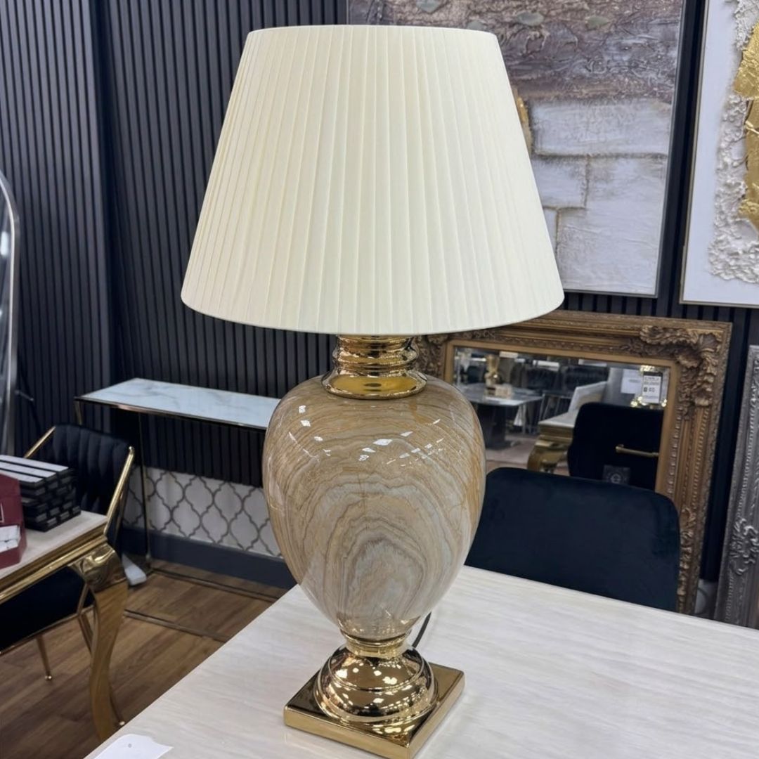 XL Cream & Gold Marble Table Lamp with Pleated Shade 104cm Tall