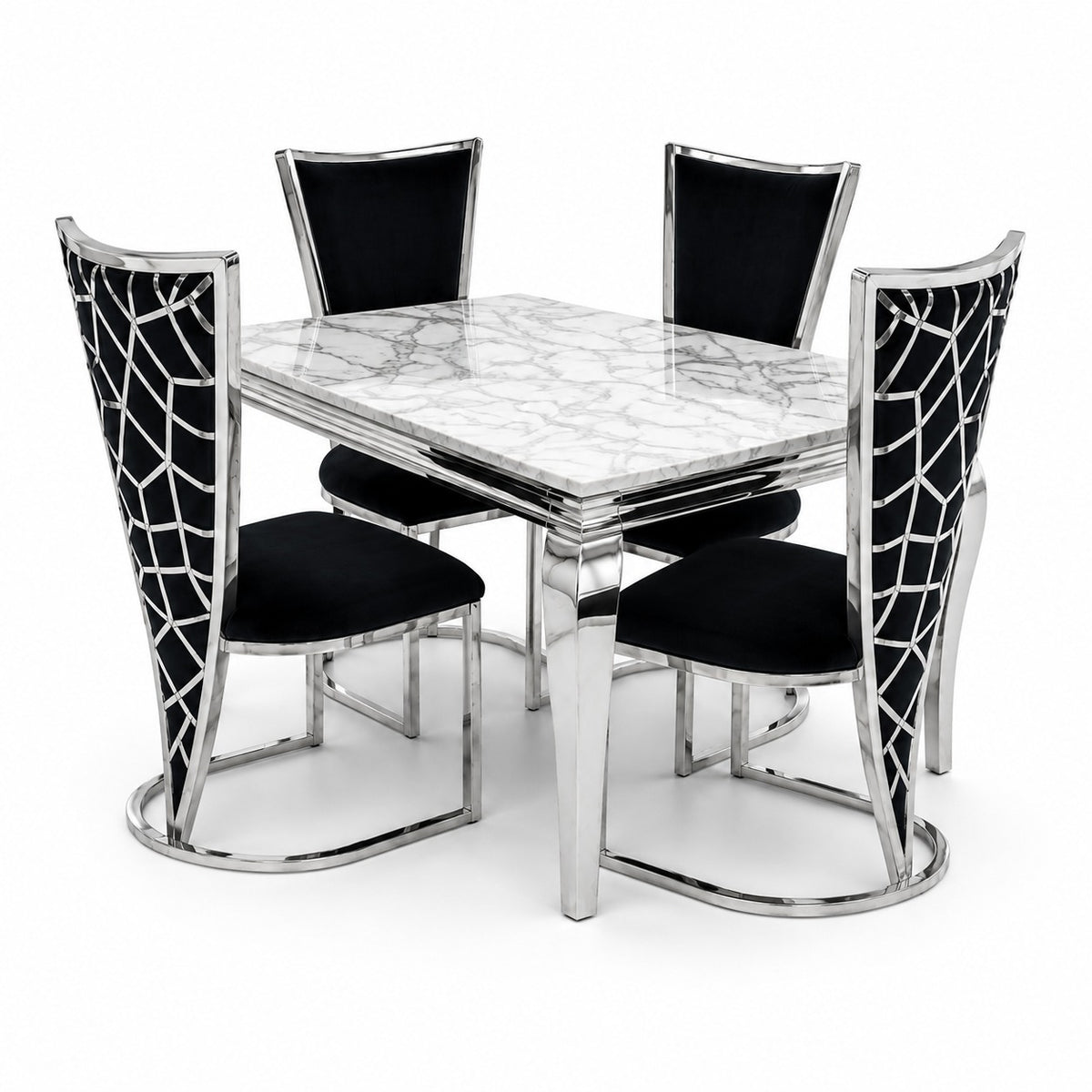 1.2m Grey Marble Dining Table with 4 Vienna Black Silver Chairs UK