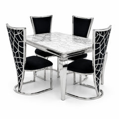 1.2m Grey Marble Dining Table with 4 Vienna Black Silver Chairs UK