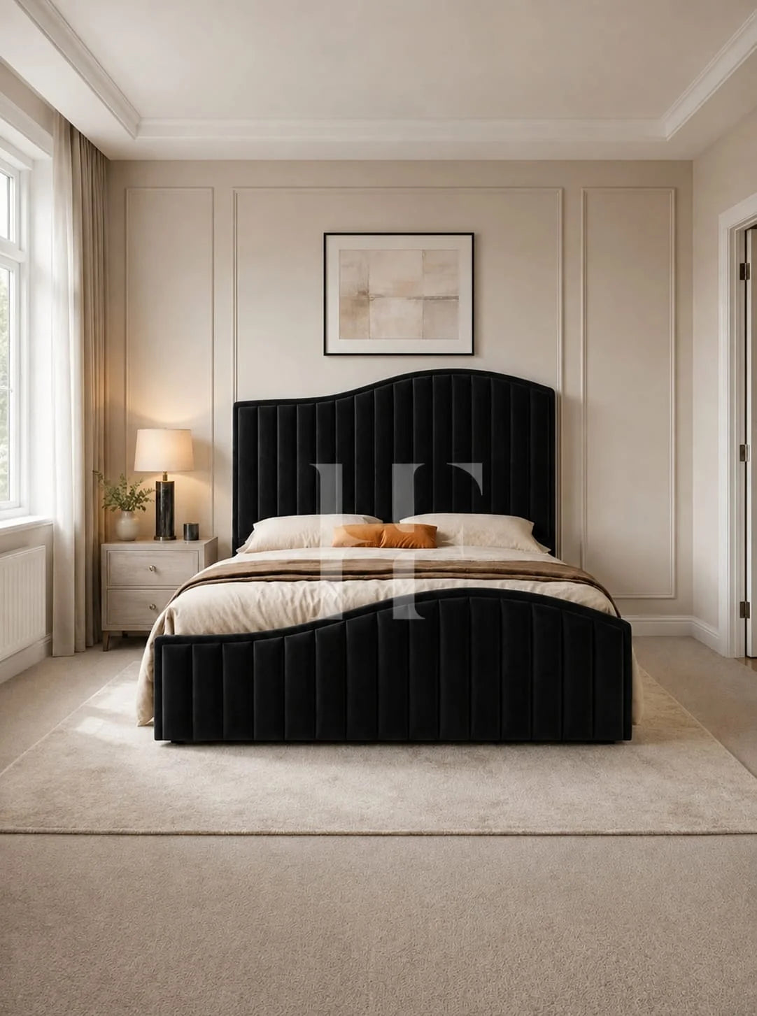 Luxurious Royal Velvet Asymmetric Wave Channel Upholstered Bed Frame