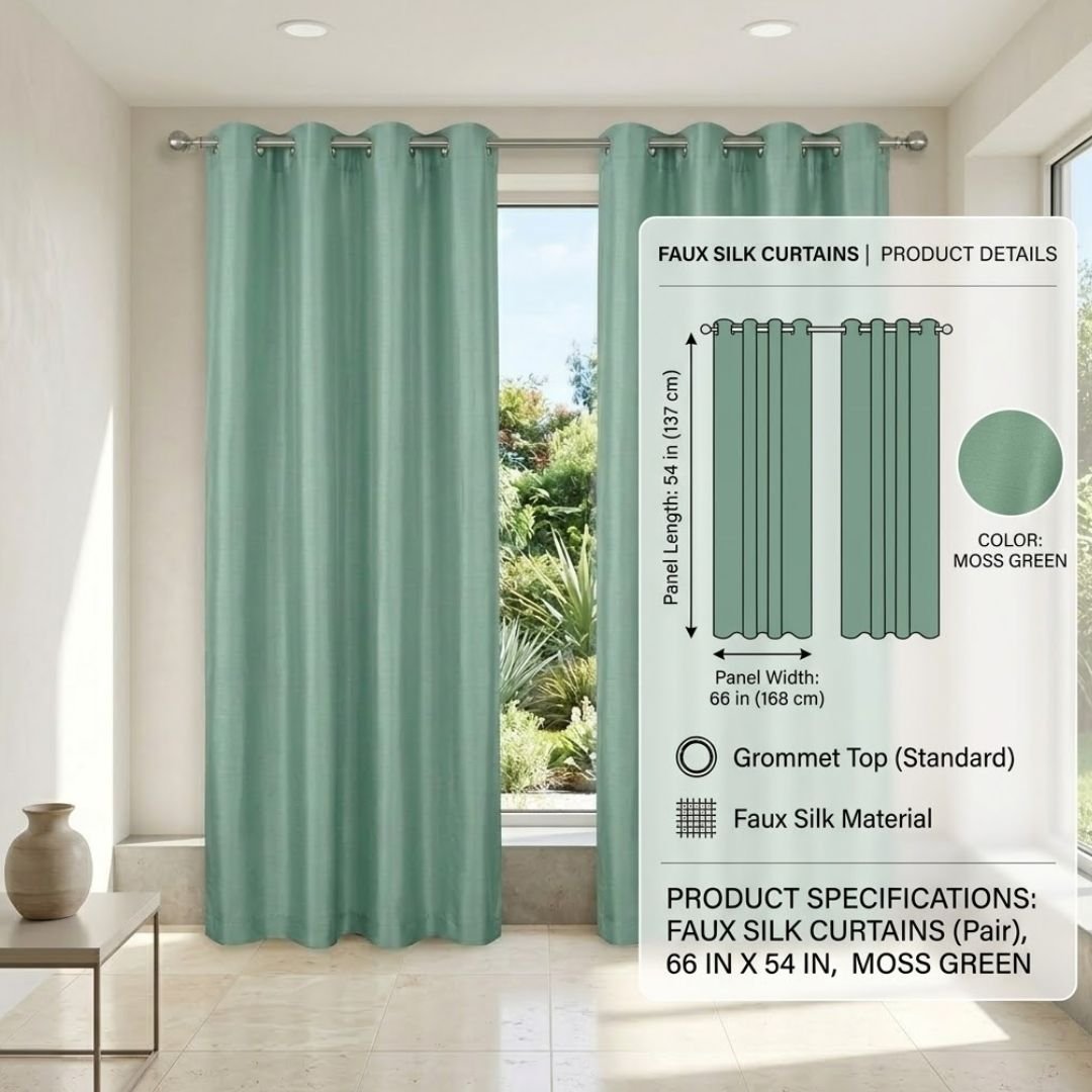 Moss Green Faux Silk Fully Lined Eyelet Curtains - 1 Pair,