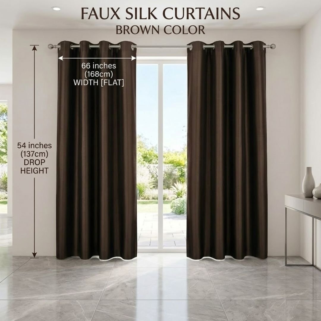 Chocolate Faux Silk Fully Lined Eyelet Curtains - 1 Pair,