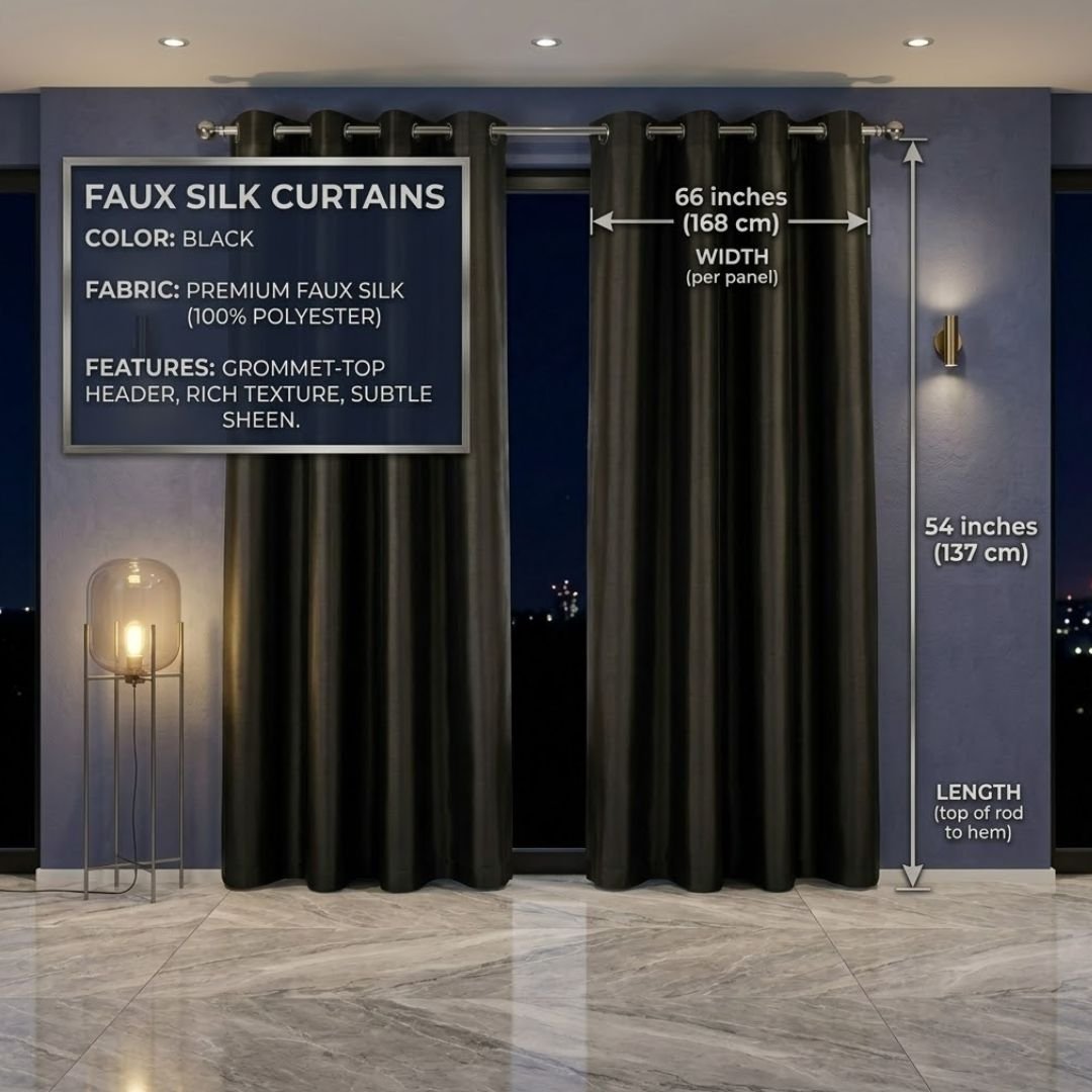 Black Faux Silk Fully Lined Eyelet Curtains - 1 Pair,
