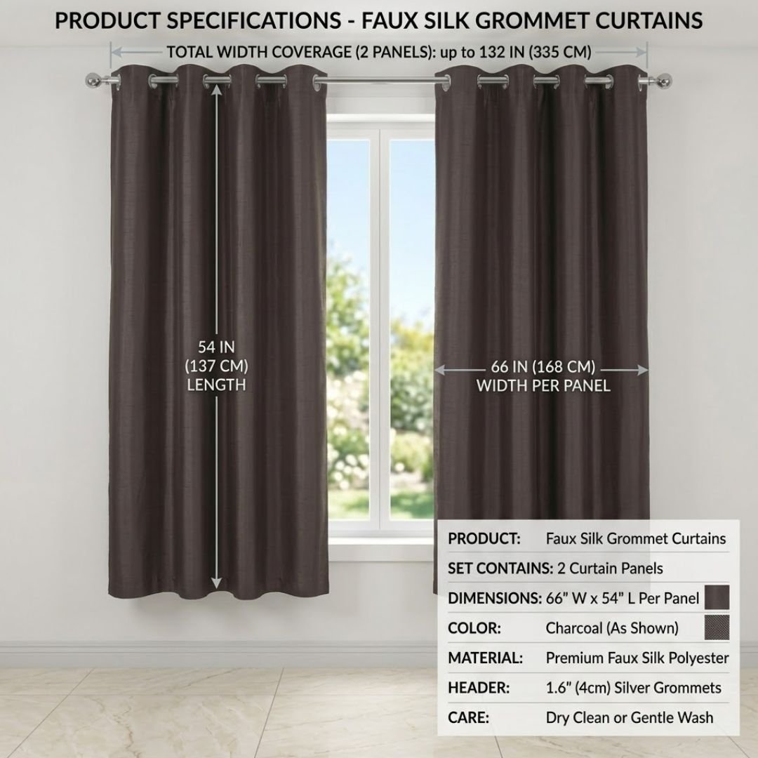 Charcoal Faux Silk Fully Lined Eyelet Curtains - 1 Pair,