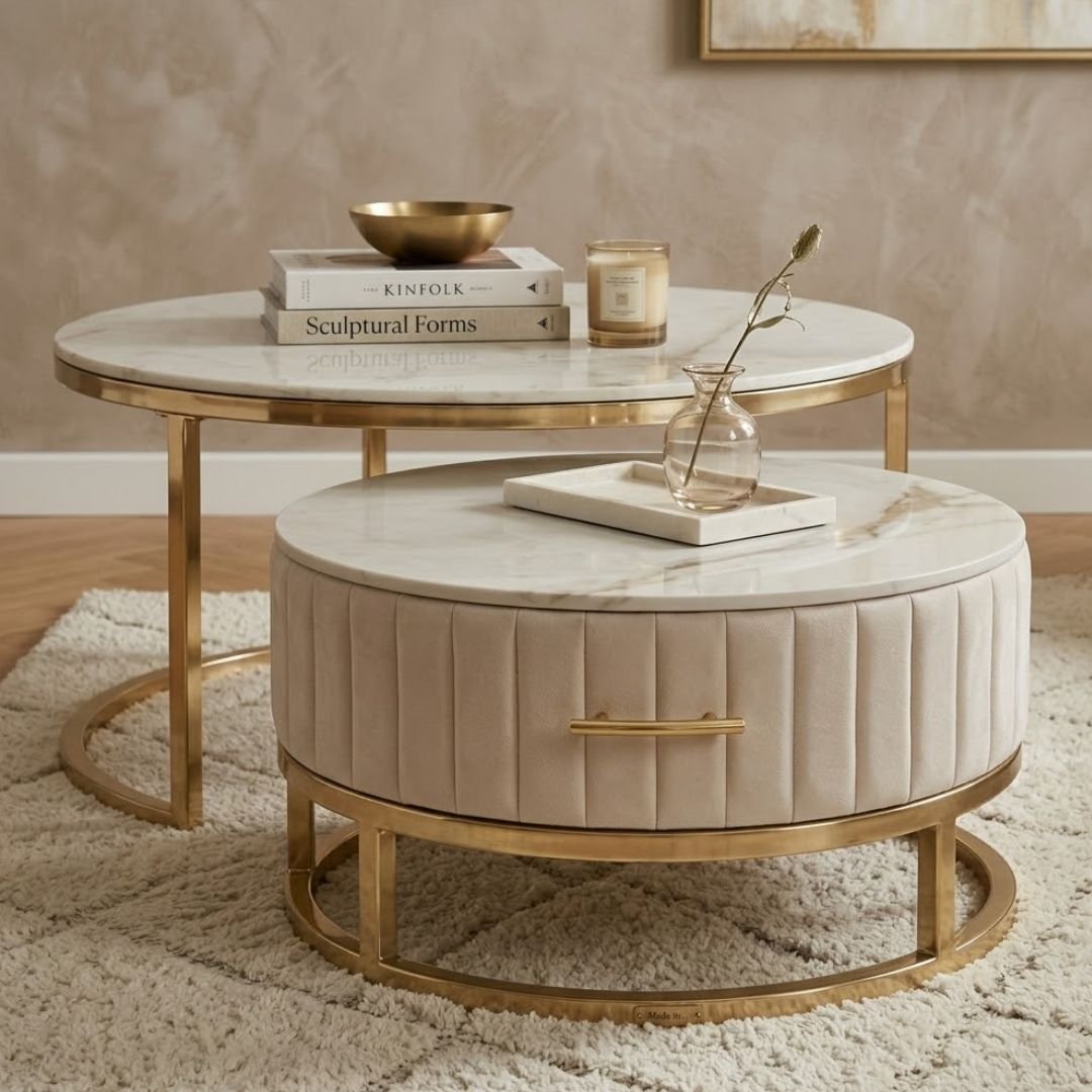 Melrose White Ceramic Nest Of Coffee Tables - Set of 2 Storage Cream Fabric