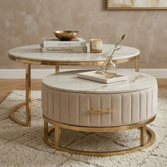 Melrose White Ceramic Nest Of Coffee Tables - Set of 2 Storage Cream Fabric