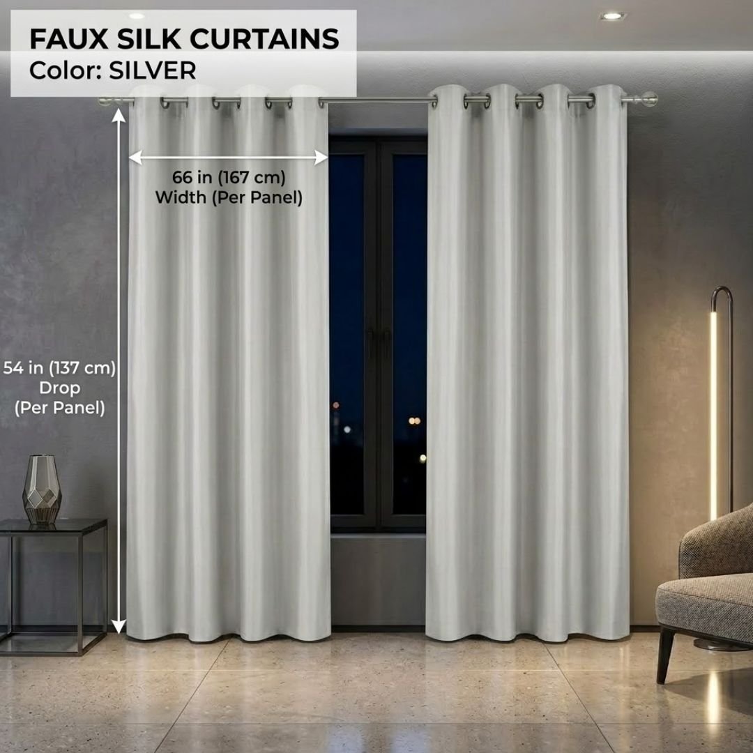 Silver Faux Silk Fully Lined Eyelet Curtains - 1 Pair,