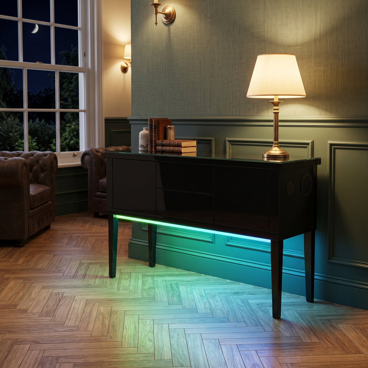Aura High Gloss Black Sideboard with LED Light, USB & Bluetooth 120cm