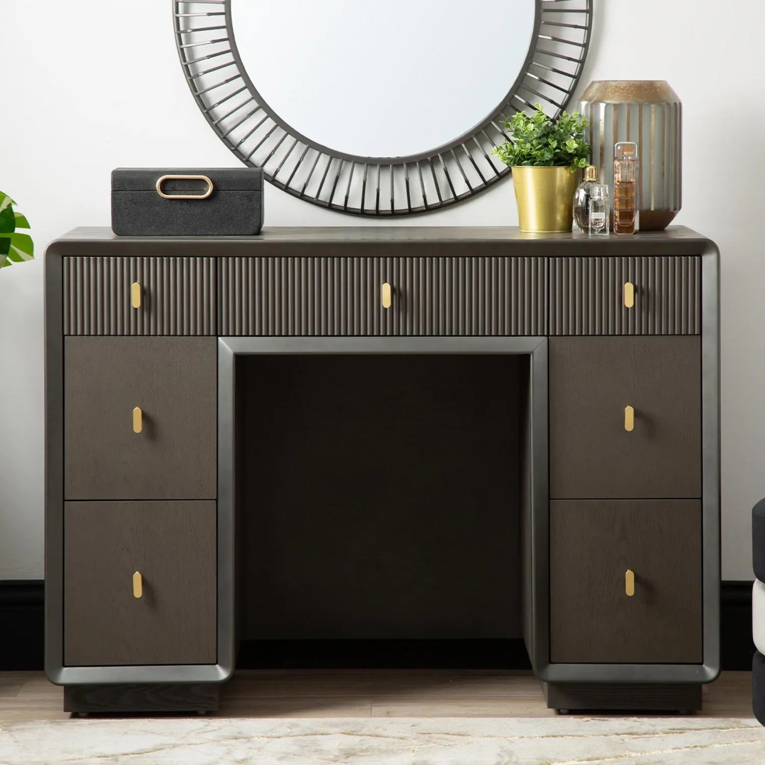 Amelie Smoke Grey Elm 7 Drawer Dressing Table | Home Luxe Interior
