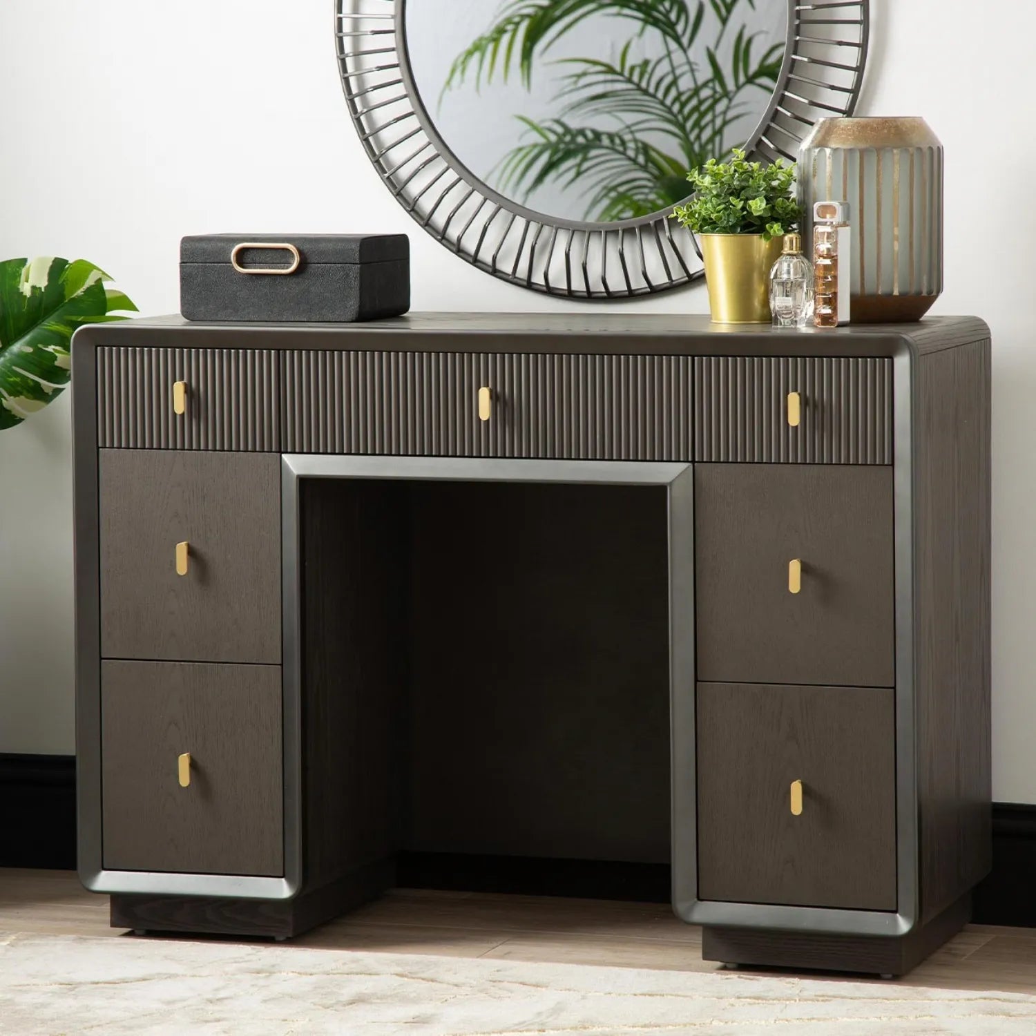 Amelie Smoke Grey Elm 7 Drawer Dressing Table | Home Luxe Interior