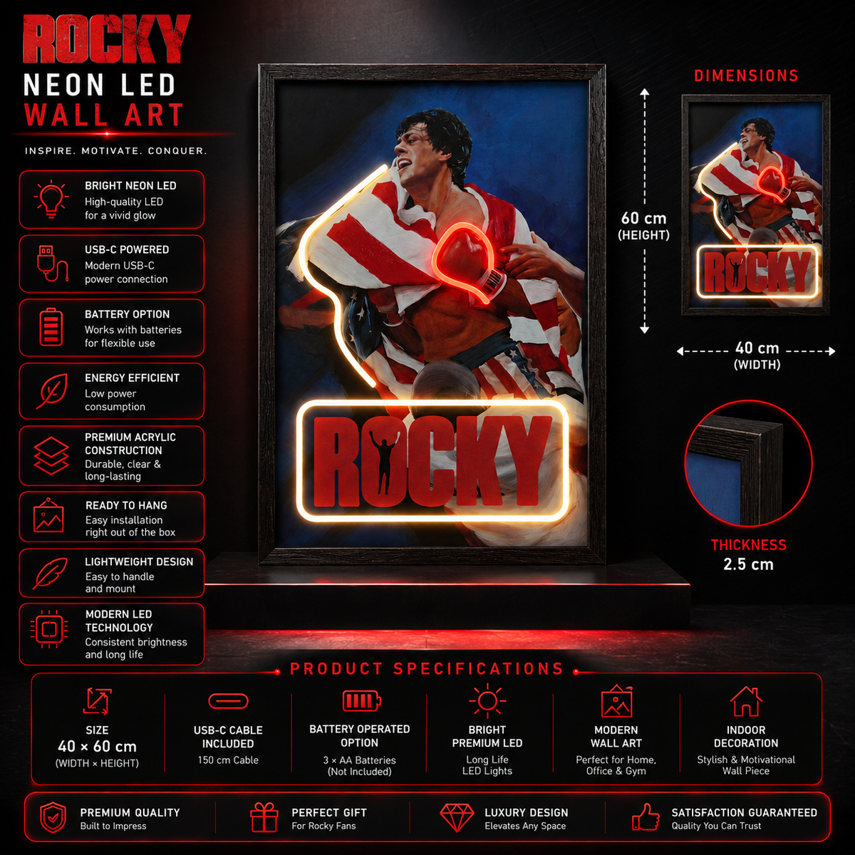 Rocky Neon LED Wall Art Picture USB Powered Boxing Canvas Decor UK