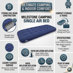 Milestone Single Flocked Camping Airbed - Waterproof Inflatable Mattress