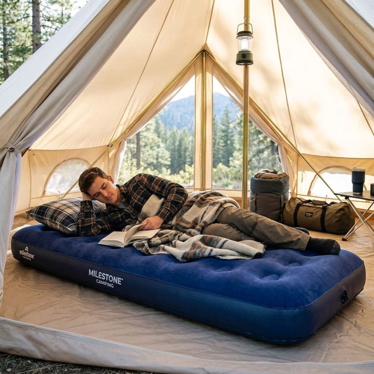 Milestone Single Flocked Camping Airbed - Waterproof Inflatable Mattress