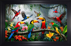 French Velvet Colorful birds amid lush rainforest. - Home Luxe Interior