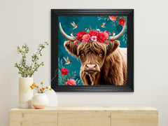 French Velvet Flroa, the regal highland cow crowned with blossoms - Home Luxe Interior