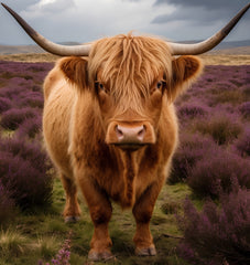French Velvet Isla, the highland cow standing amidst a vast field - Home Luxe Interior