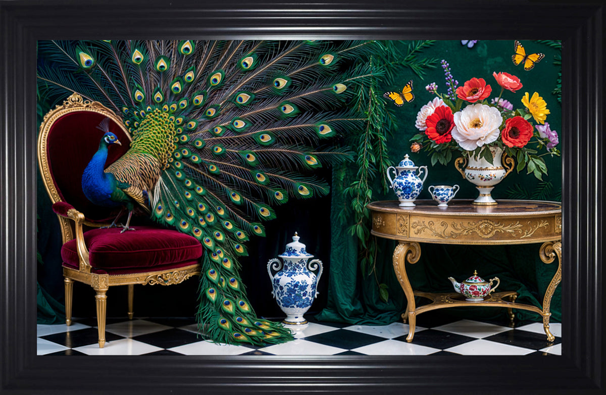 French Velvet Majestic peacock amidst opulent elegance. - Home Luxe Interior