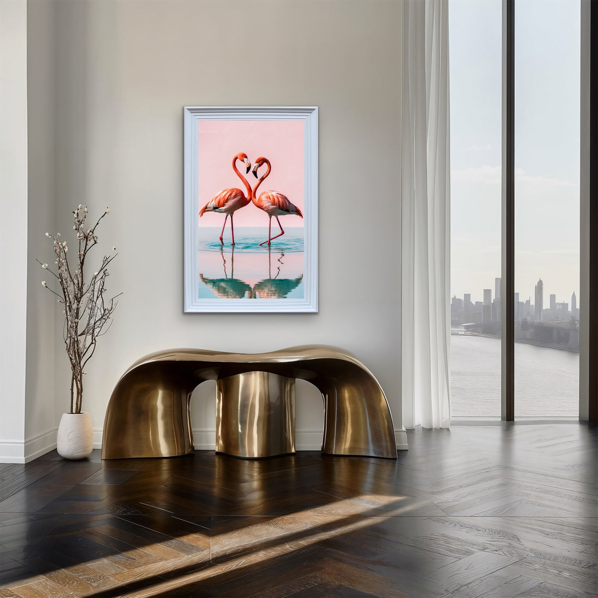 French Velvet Flamingo Pair reflected in pastel pinks - Home Luxe Interior