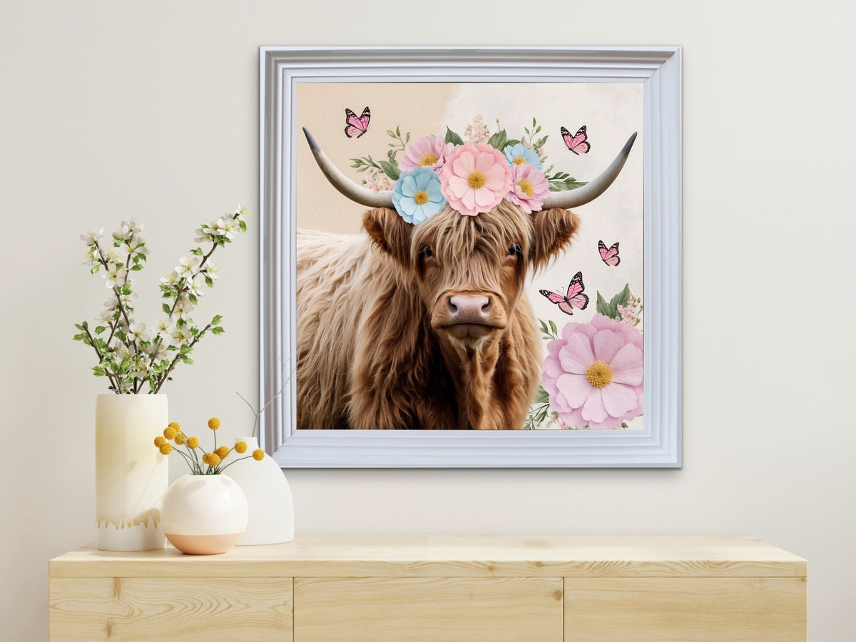 French Velvet Isla, the highland cow with floral Crown - Home Luxe Interior