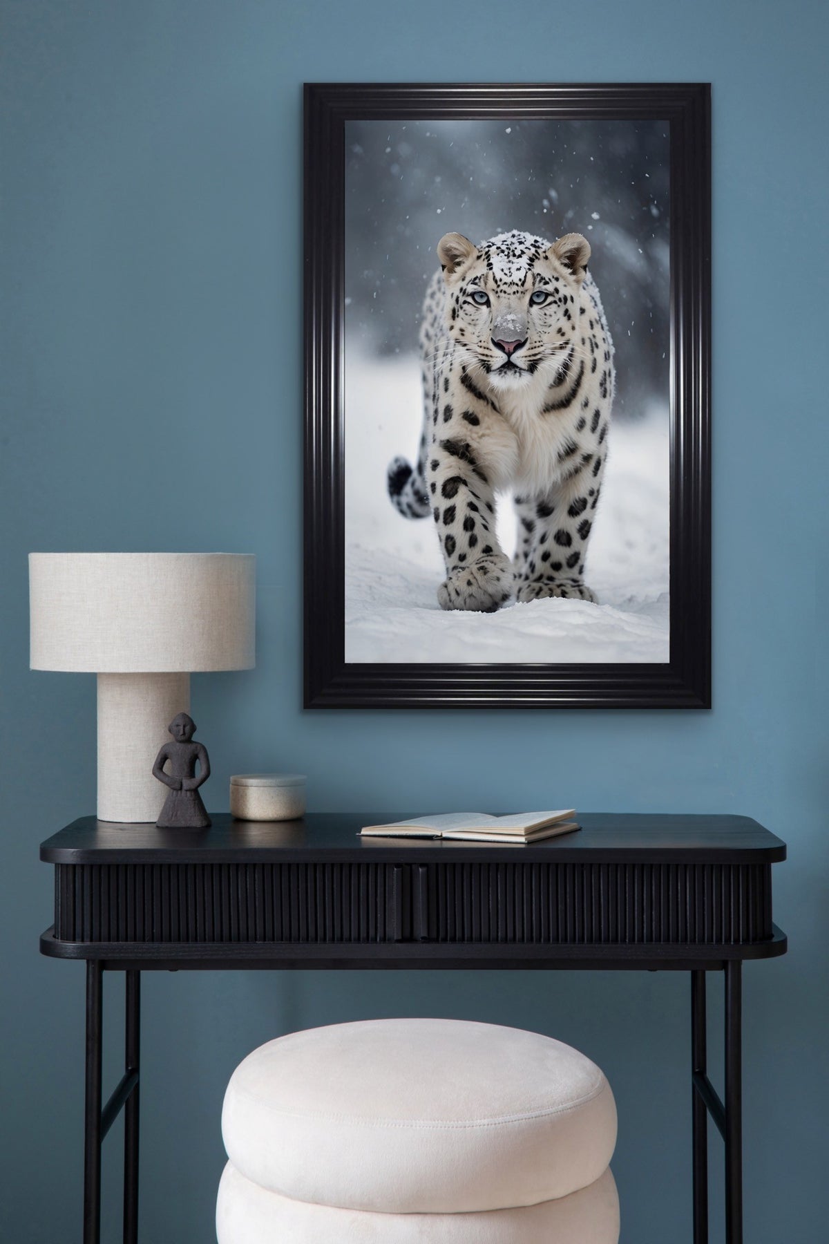 French Velvet Snow Leopard with piercing eyes - Home Luxe Interior