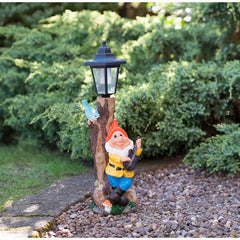 Garden Gnome with Solar Lamp Post - Orange Cheeky Musical Ornament