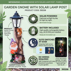 Garden Gnome with Solar Lamp Post - Purple Musical Garden Ornament