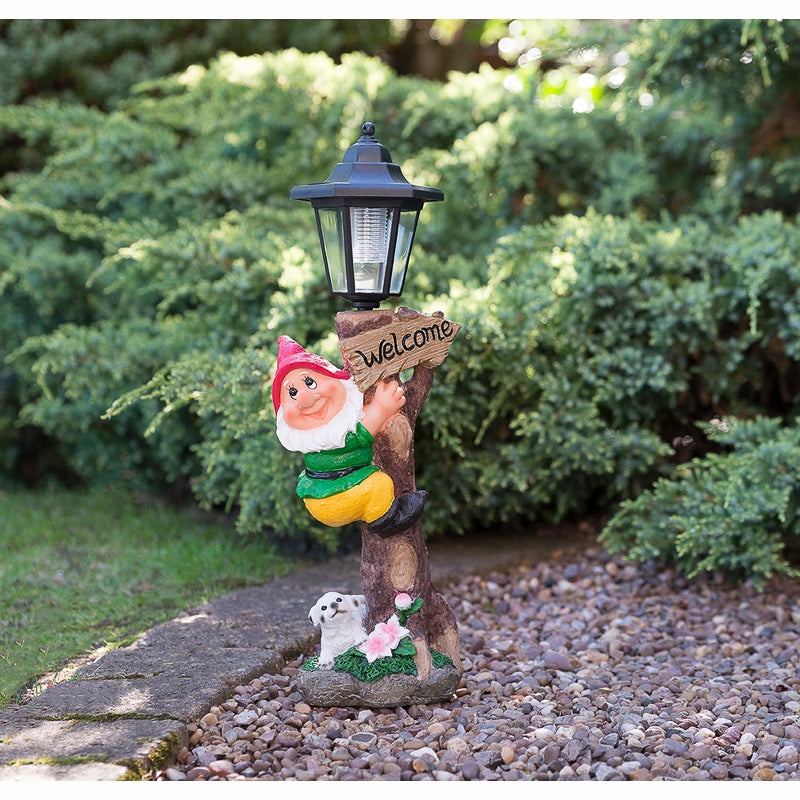 Garden Gnome with Solar Lamp Post - Cheeky Red Garden Ornament Light