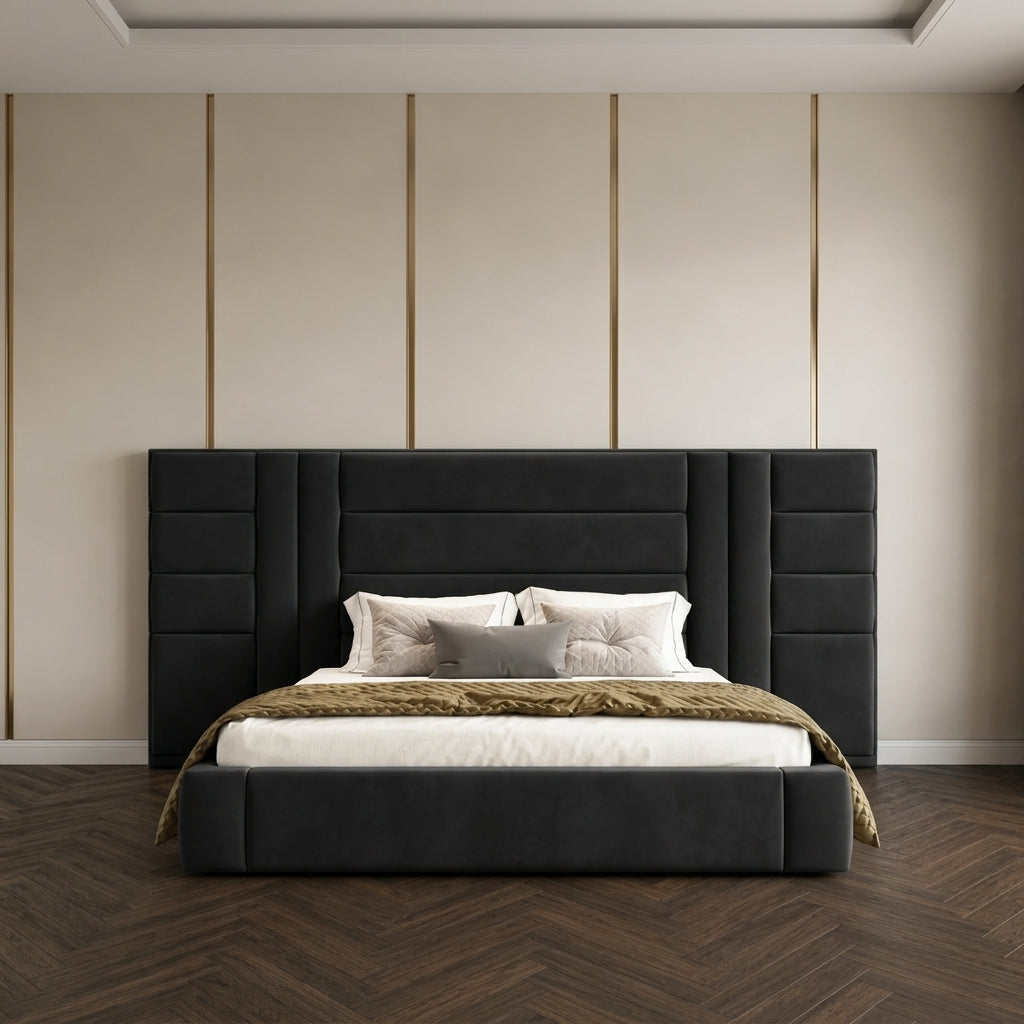 Modern Geometric Block & Panel Extended Upholstered Bed Frame