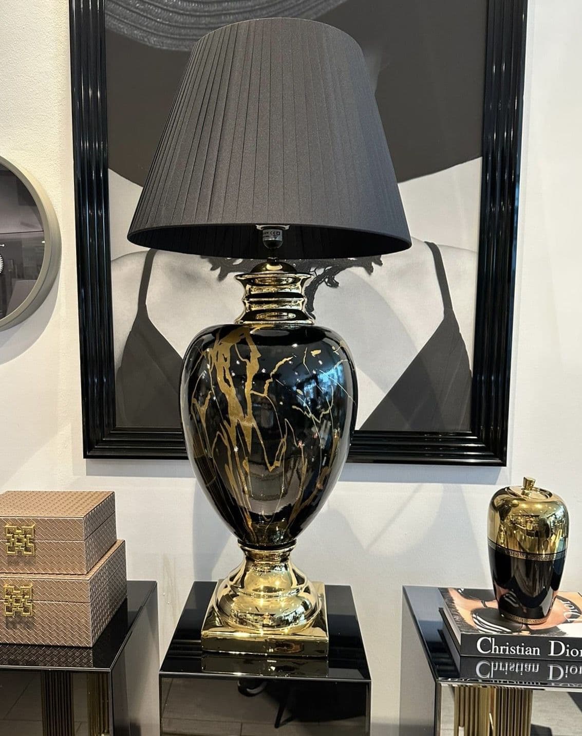 Gold Marble Effect Table Lamp With Black Round Shade Extra Large