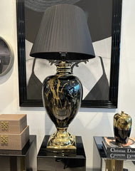 Gold Marble Effect Table Lamp With Black Round Shade Extra Large