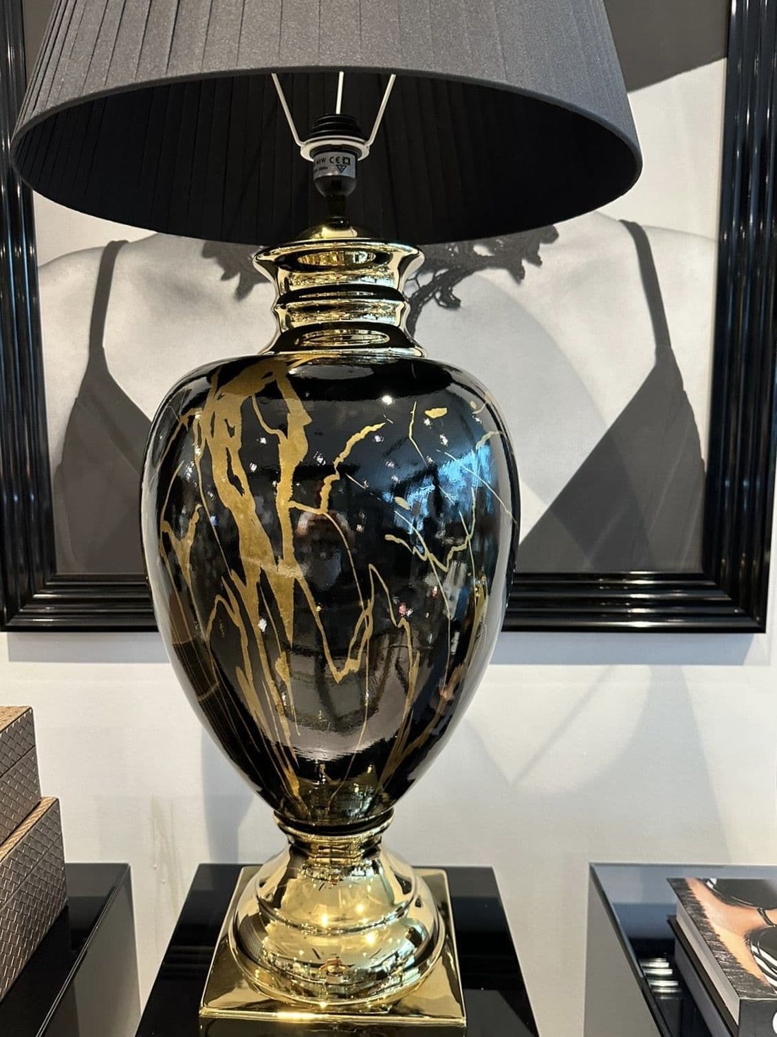 Gold Marble Effect Table Lamp With Black Round Shade Extra Large
