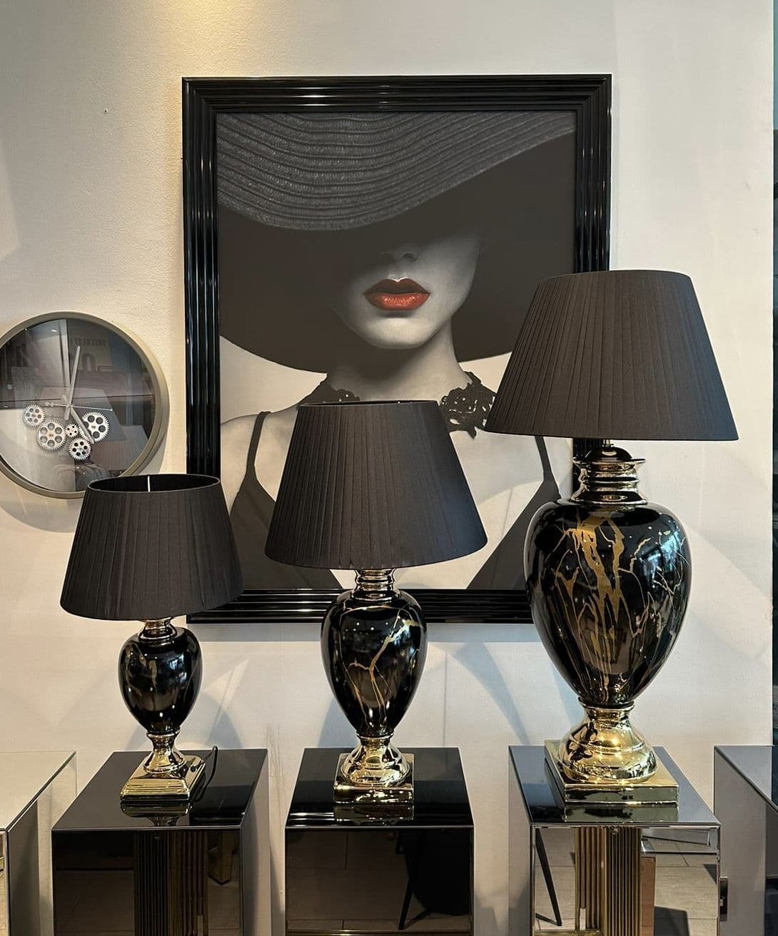 Gold Marble Effect Table Lamp With Black Round Shade Extra Large