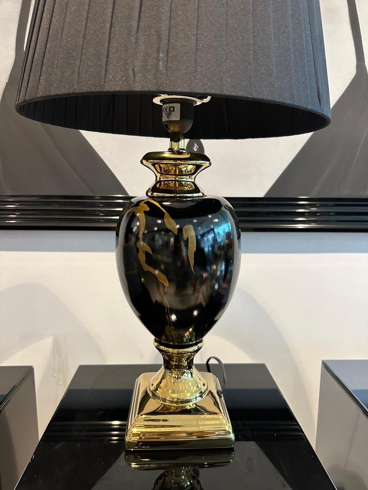 Gold Marble Effect Table Lamp With Black Round Shade Medium