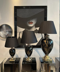 Gold Marble Effect Table Lamp With Black Round Shade Medium