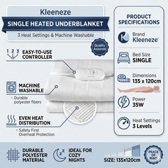 Kleeneze Single Heated Underblanket - 3 Heat Settings & Machine Washable