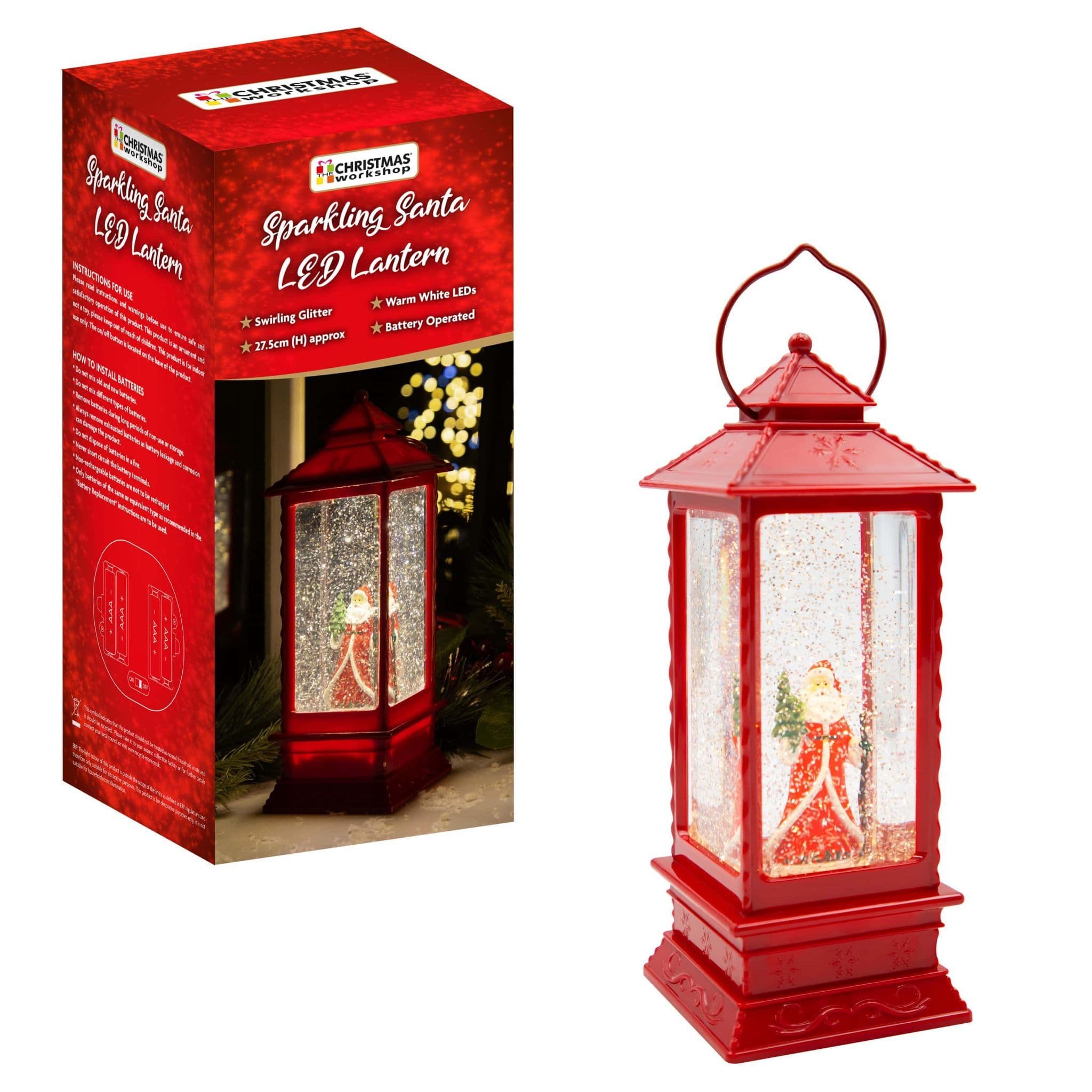 LED Water & Glitter Santa Lantern Red