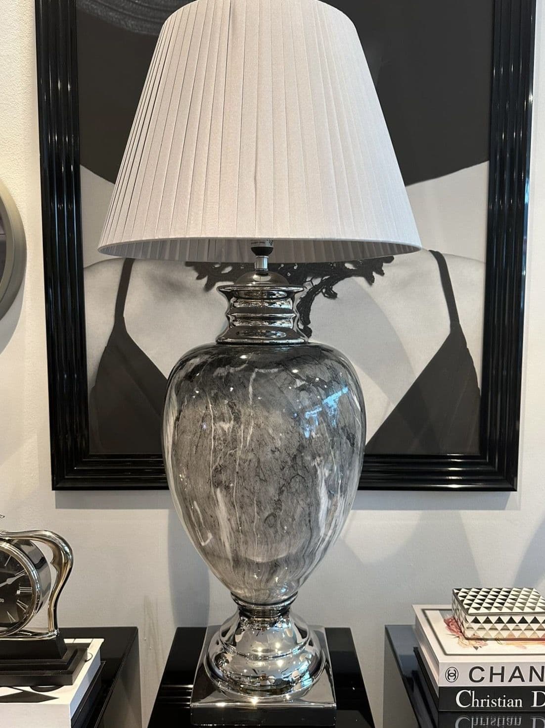 Marble Effect Table Lamp With Grey Round Shade Extra Large
