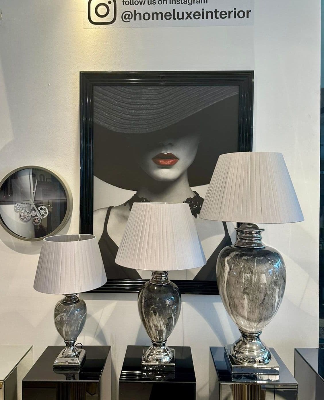 Marble Effect Table Lamp With Grey Round Shade Large