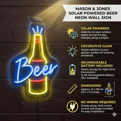 Mason & Jones Solar Powered Beer Neon Wall Sign - Garden Bar Decor