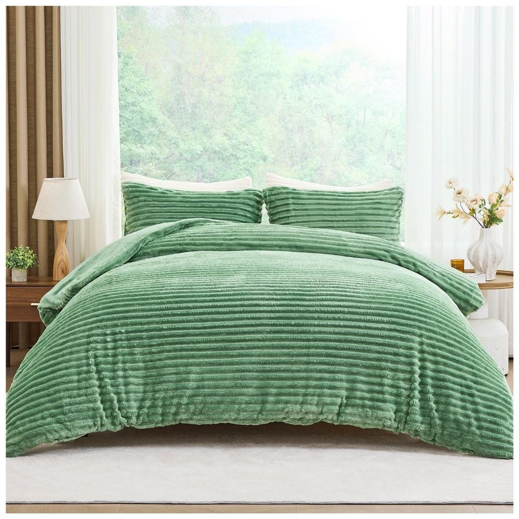 Plush Faux Fur Chunky Ribbed Faux Fur Safe Green Bedding Duvet Set