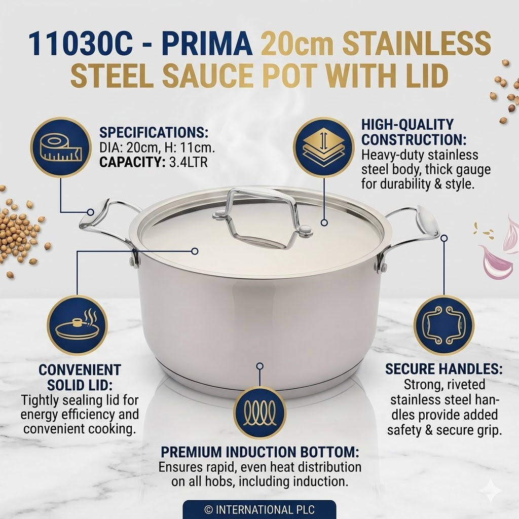 Prima 20cm Stainless Steel Sauce Pot with Lid - 3.4L Induction Base