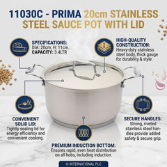 Prima 20cm Stainless Steel Sauce Pot with Lid - 3.4L Induction Base