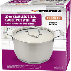 Prima 20cm Stainless Steel Sauce Pot with Lid - 3.4L Induction Base